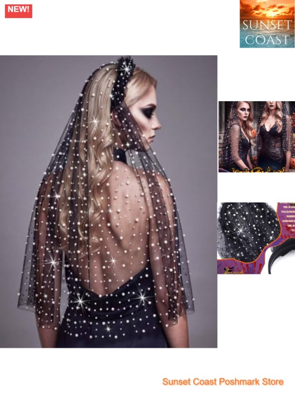 Gothic Headband Veil Pearl Rhinestone Tulle Halloween Cosplay Hair Accessory